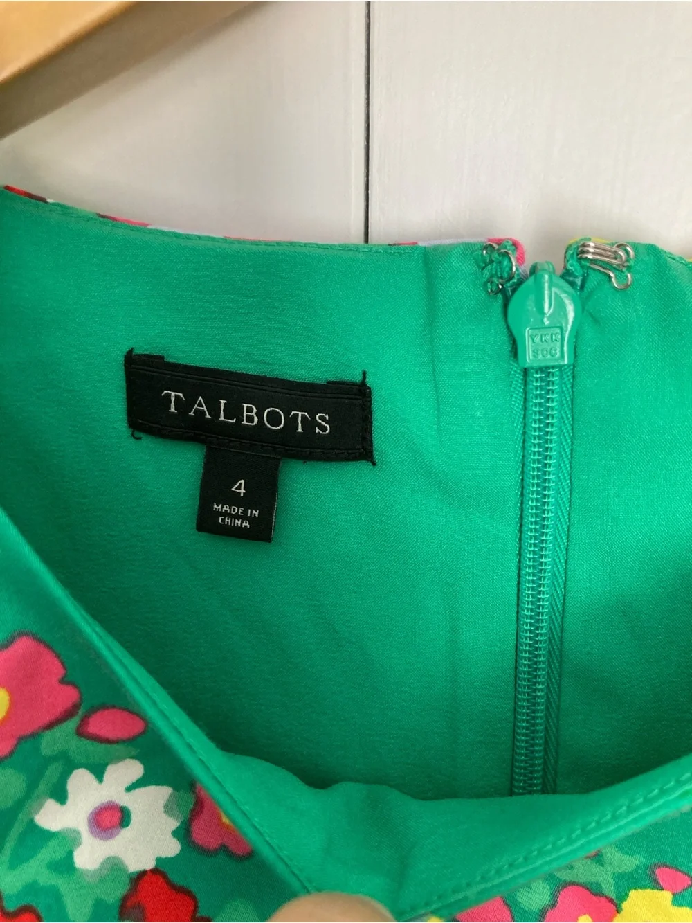 Talbots Green Floral Dress with Bright Multicolor Bloom Print and Ruffle Hem